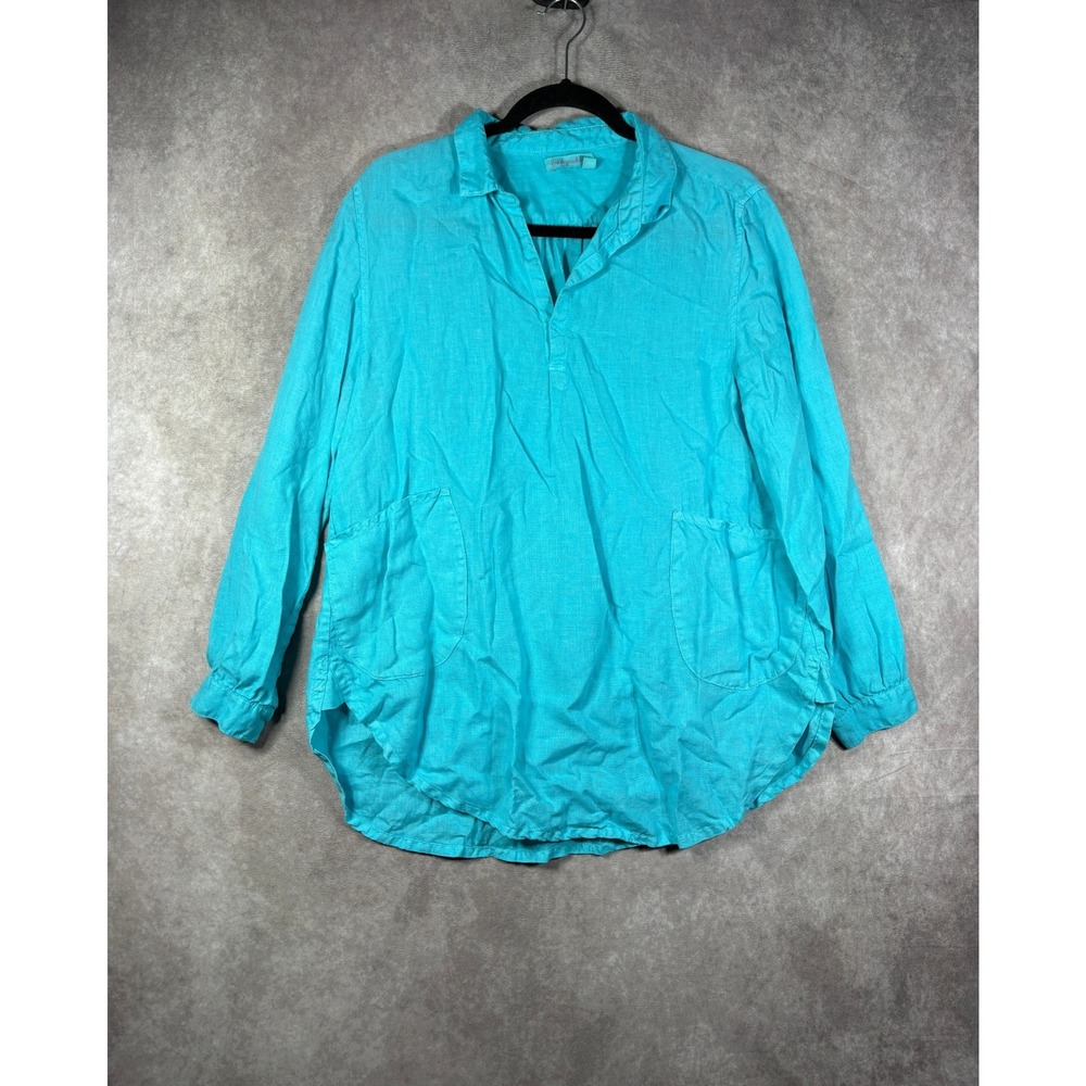 Fresh Produce Top Women XS/S Blue Linen Tunic Popover Pockets Long Sleeve Casual